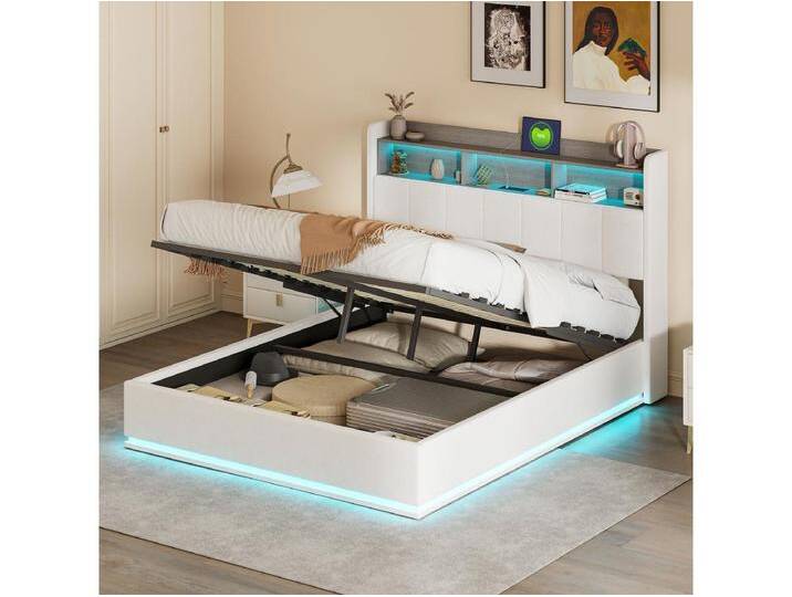 160x200cm Bett mit LED-Beleuchtung, Stauraumbett mit Lattenrost, Steckdosen, USB und Typ-C, Samt von Kauf-Unique Marketplace