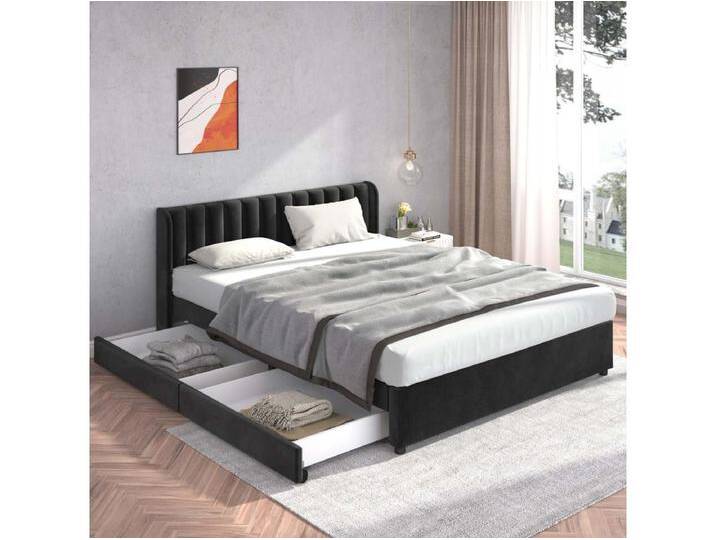 180 x 200 cm großes Bett mit 2 Schubladen – mit Samt gepolstert – moderner Stil – Schwarz 180 x 200 cm großes Bett mit 2 Schubladen – mit Samt gepolstert – moderner Stil – Schwarz von Kauf-Unique Marketplace
