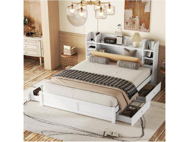 180 x 200 cm großes Bett mit Stauraum am Kopfteil und 4 Schubladen – MDF-Holz – moderner Stil – weiß 180 x 200 cm großes Bett mit Stauraum am Kopfteil und 4 Schubladen – MDF-Holz – moderner Stil – weiß von Kauf-Unique Marketplace