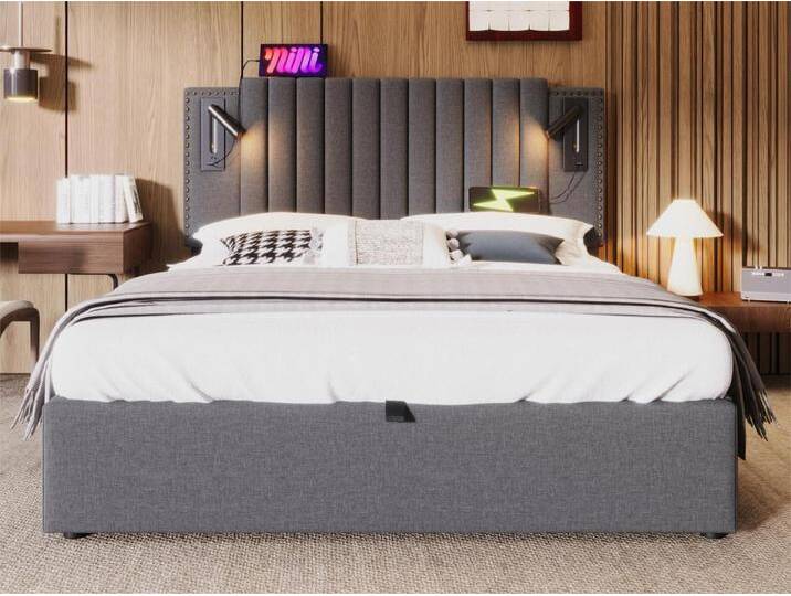 180 x 200 cm großes Stauraumbett aus Baumwollstoff – mit Leselampen und USB-Ladeanschlüssen – mit Lattenrost – Grau von Kauf-Unique Marketplace