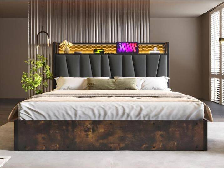 180 x 200 cm großes Stauraumbett aus Leinenstoff – mit LED, Ladeanschlüssen und Lattenrost – Grau von Kauf-Unique Marketplace