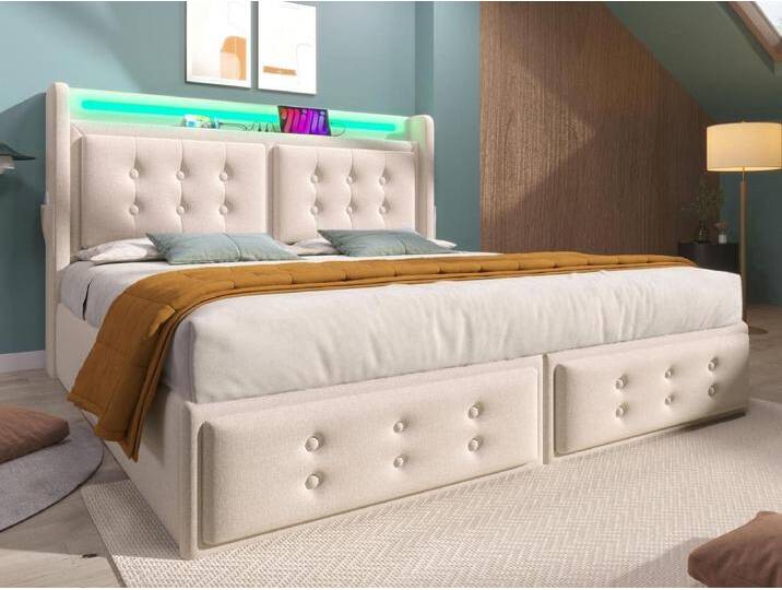180 x 200 cm großes Stauraumbett aus Leinenstoff – mit LED und Ladeanschlüssen – Beige von Kauf-Unique Marketplace