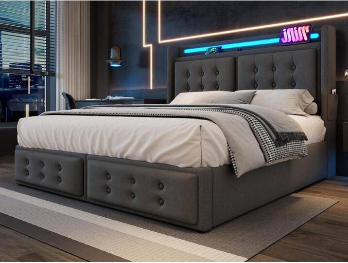 180 x 200 cm großes Stauraumbett aus Leinenstoff – mit LED und Ladeanschlüssen – Grau von Kauf-Unique Marketplace