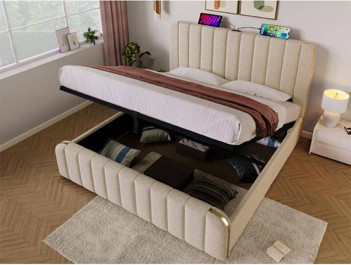 180 x 200 cm großes Stauraumbett aus Leinenstoff – mit USB- und Typ-C-Aufladung – verziert mit goldenen Streifen – Beige von Kauf-Unique Marketplace
