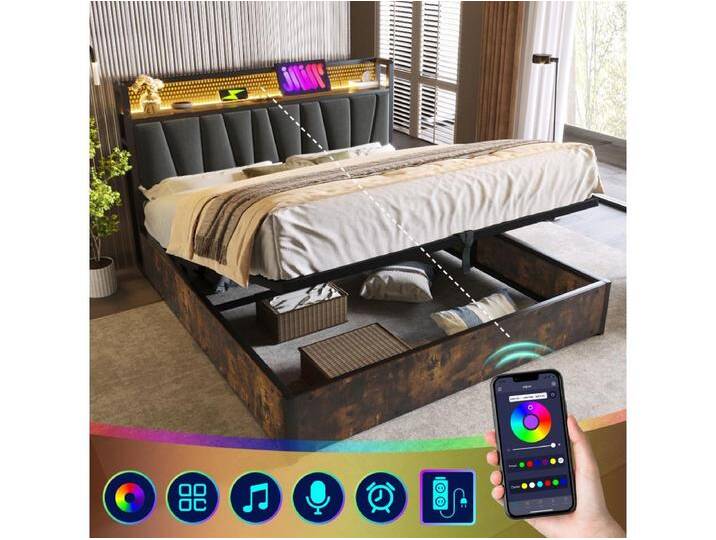 180x200cm graues weiches Kissenbett Metallbett LED Applikationssteuerung Kopfteil Doppelbett, mit USB-Ladefunktion und LED-Beleuchtung (keine Matratze) von Kauf-Unique Marketplace