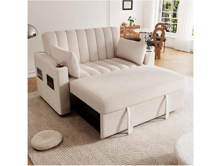 2-Sitzer-Klappsofa, beigefarbener Samt, mit verstellbarer Rückenlehne, Getränkehalter – für Wohn- oder Schlafzimmer von Kauf-Unique Marketplace