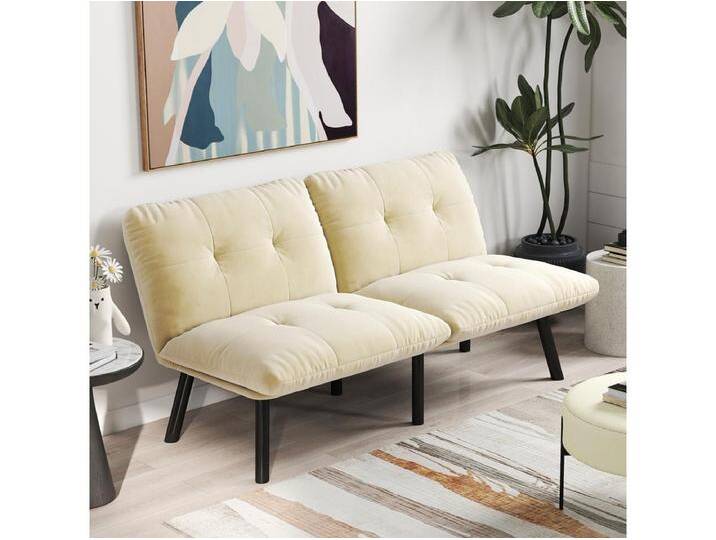 2-Sitzer-Sofa – Gerades Sofa mit klappbarer Rückenlehne und Metallbeinen – Beigefarbener Samt 2-Sitzer-Sofa – Gerades Sofa mit klappbarer Rückenlehne und Metallbeinen – Beigefarbener Samt von Kauf-Unique Marketplace