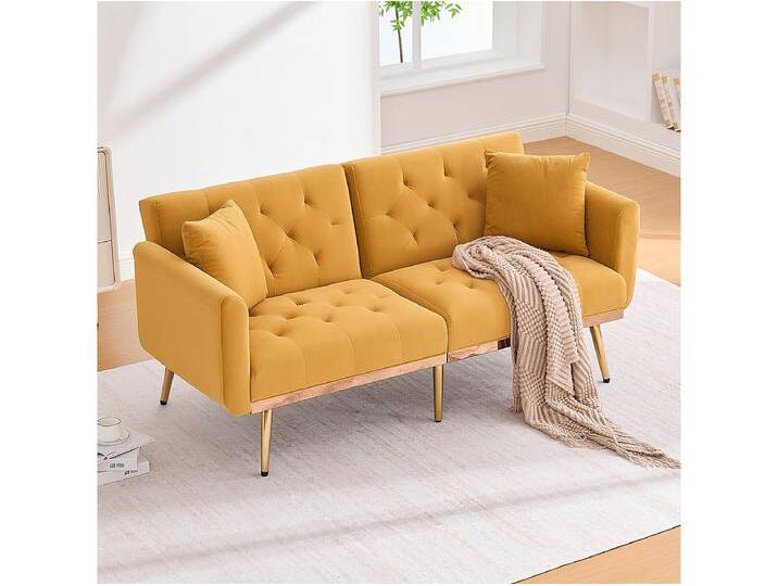 2-Sitzer-Sofa mit Armlehnen – Gerades Sofa mit verstellbarer Rückenlehne und 2 Kissen – gelber Samt 2-Sitzer-Sofa mit Armlehnen – Gerades Sofa mit verstellbarer Rückenlehne und 2 Kissen – gelber Samt von Kauf-Unique Marketplace