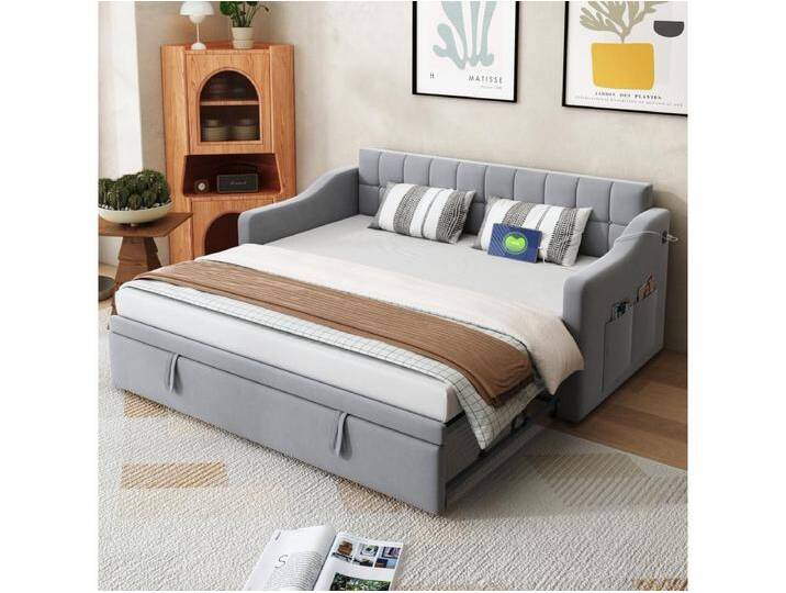 2-in-1 Schlafsofa, gepolstert, 90/180 x 190 cm, Ausziehbett mit Steckdose und Stauraum, Samtstoff, Grau von Kauf-Unique Marketplace