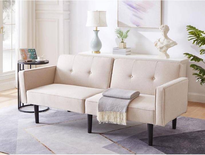 2-in-1-Sofa (176x76x74 cm) - Chaiselongue - Doppelt verstellbare Rückenlehne - Schlaffunktion - Baumwoll-Leinen-Stoff - Hochdichteschaum - Beige von Kauf-Unique Marketplace