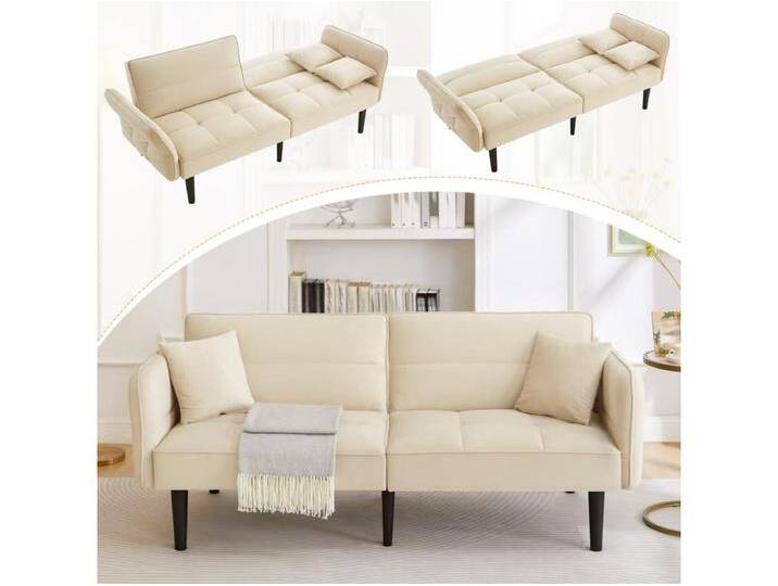 2-in-1 verstellbares Schlafsofa – 176 x 78 x 76 cm – 2-Sitzer – mit klappbaren Armlehnen – Samt – Beige von Kauf-Unique Marketplace