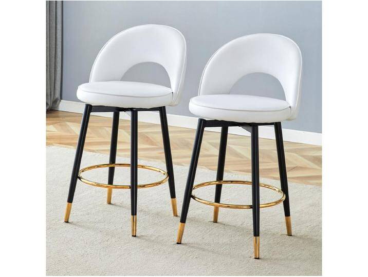 2er-Set Barhocker – Drehbarer Barhocker mit Rückenlehne und Fußstütze aus Metall – Weißes PU – für Esszimmer und Terrasse von Kauf-Unique Marketplace