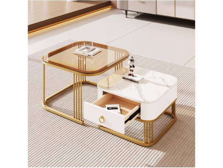 2er-Set Couchtische mit einer Schublade, braune Glasplatte, Marmorfurnierplatte, Metallgestell von Kauf-Unique Marketplace