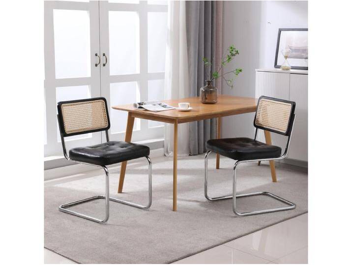 2er-Set Esszimmerstühle im Mid-Century-Stil – Gepolstertes Kunstleder und Rattan – 50 x 61 x 86 cm, Schwarz von Kauf-Unique Marketplace