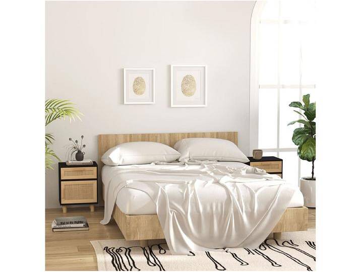 2er-Set Nachttische Nachtschrank Schwarz Massivholz Kiefer und Natur-Rattan -RN55468 von Kauf-Unique Marketplace