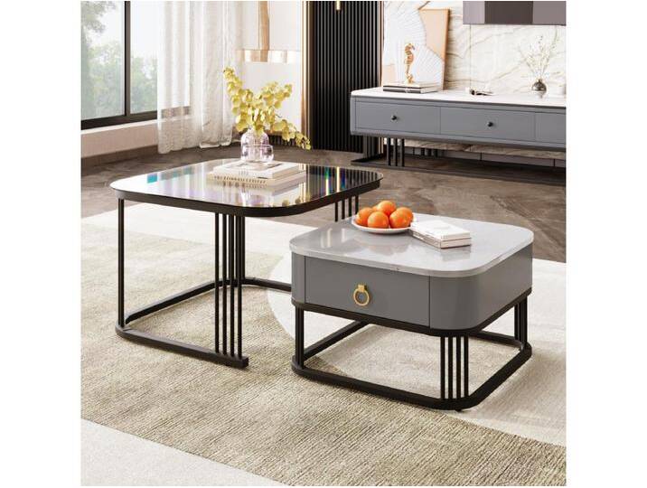 2er-Set ineinander schiebbare Couchtische, Marmoroptik und Glasplatte, goldene Akzente, mit 1 Schublade, 60x60x45cm+50x50x34cm, schwarz 2er-Set ineinander schiebbare Couchtische, Marmoroptik und Glasplatte, goldene Akzente, mit 1 Schublade, 60x60x45cm+50x50x34cm, schwarz von Kauf-Unique Marketplace