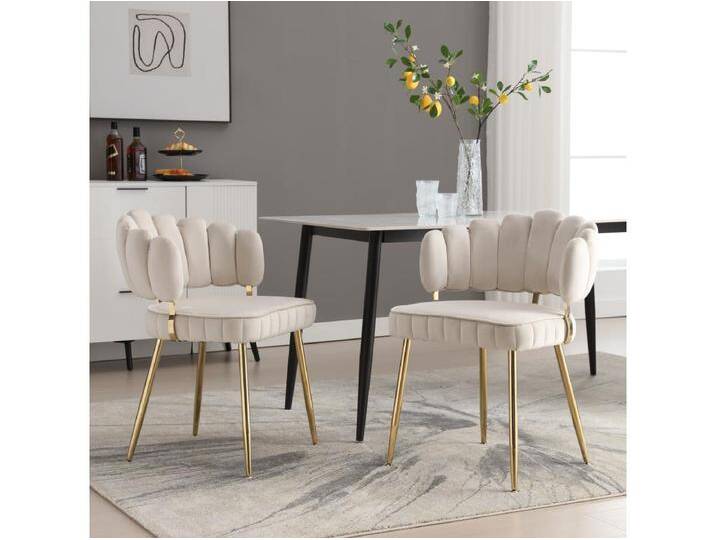 2er-Set moderne Stühle – 58 x 56 x 78 cm – mit geblümter Rückenlehne + abgerundeten Armlehnen – Samt – Elfenbein von Kauf-Unique Marketplace