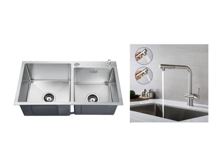 2in1 Küchenspüle 2 Becken 75x45x19cm, Einbau/Aufputz mit Spülmittelspender + Küchenarmatur Ausziehbare Brause Zwei Düsen Schwenkbar 360° von Kauf-Unique Marketplace