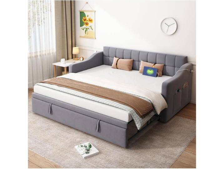 2in1 Polster-Ausziehbett - 90/180x190 cm - Schlafsofa mit Steckdose und Stauraum - Samtstoff - Grau von Kauf-Unique Marketplace