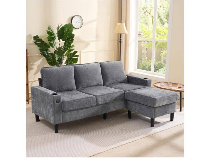 3-Sitzer L-förmiges Polstersofa - 202 x 137 x 80 cm - mit USB- und Typ-C-Anschlüssen + 2 Getränkehaltern - Leinen - Grau 3-Sitzer L-förmiges Polstersofa - 202 x 137 x 80 cm - mit USB- und Typ-C-Anschlüssen + 2 Getränkehaltern - Leinen - Grau von Kauf-Unique Marketplace