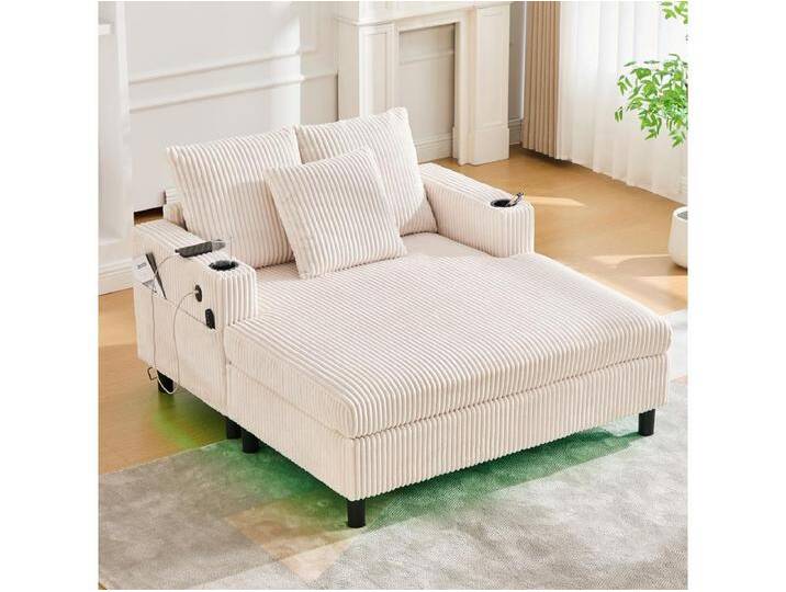 3-Sitzer-Schlafsofa - 142 x 128 x 85 cm - mit Getränkehaltern + USB-Anschlüssen + LEDs - Samt - Beige von Kauf-Unique Marketplace