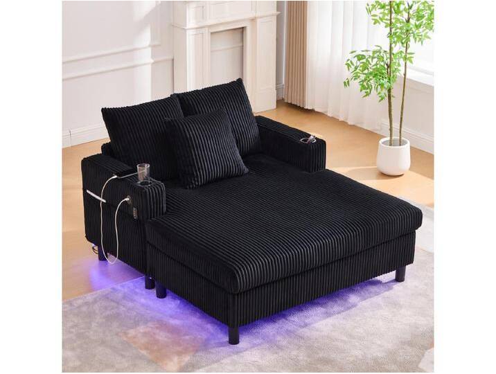 3-Sitzer-Schlafsofa – 142 x 128 x 85 cm – mit Getränkehaltern + USB-Anschlüssen + LEDs – Samt – Schwarz von Kauf-Unique Marketplace