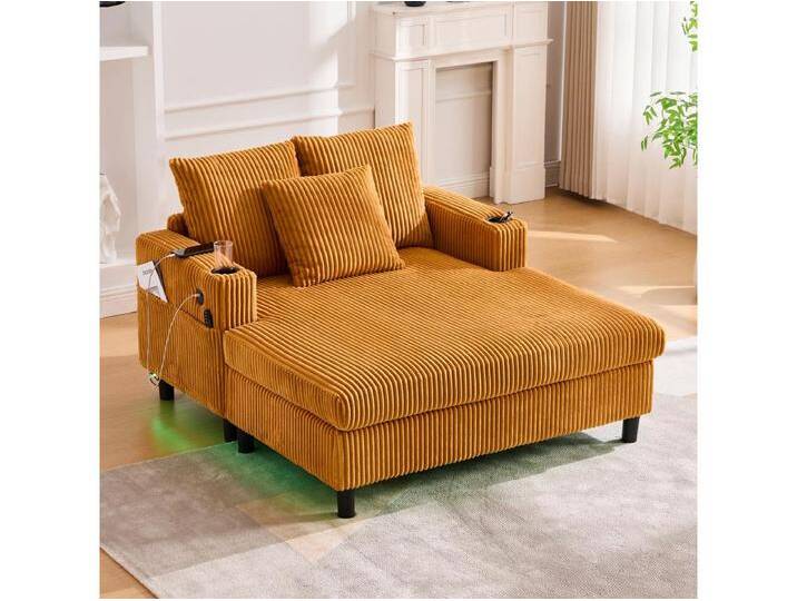 3-Sitzer-Schlafsofa - 142 x 128 x 85 cm - mit Getränkehaltern + USB-Anschlüssen + LEDs - Samt - gelb von Kauf-Unique Marketplace