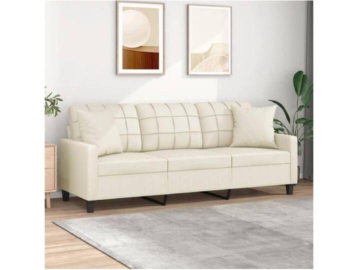 3-Sitzer-Sofa mit Zierkissen Creme 180 cm Kunstleder von Kauf-Unique Marketplace