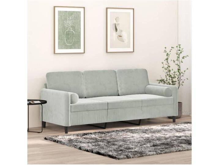 3-Sitzer-Sofa mit Zierkissen Hellgrau 180 cm Samt von Kauf-Unique Marketplace