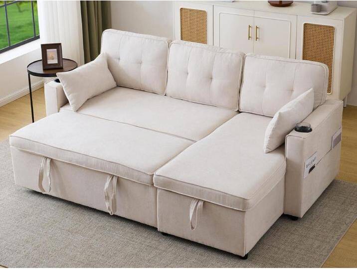 3-Sitzer-Umwandelsofa – aus Baumwolle – mit Truhe und Getränkehalter – Beige von Kauf-Unique Marketplace