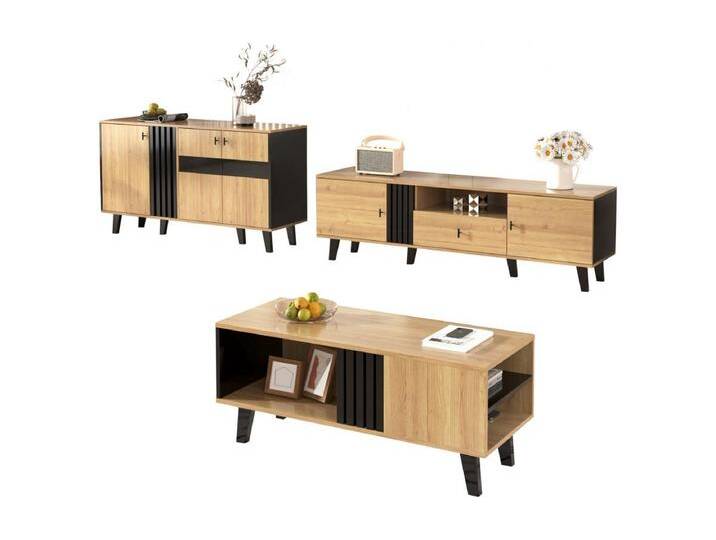3-teiliges Wohnzimmermöbel-Set - Couchtisch + TV-Ständer + Sideboard - Glas + Spanplatte - Natur von Kauf-Unique Marketplace