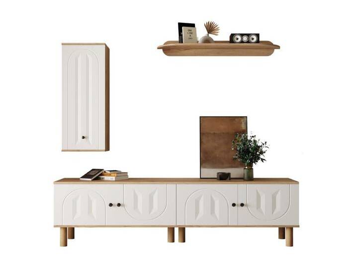 3er-Set Wohnwand - hohes Sideboard + TV-Möbel + Wandregal - Spanplatte - Natur + Weiß von Kauf-Unique Marketplace