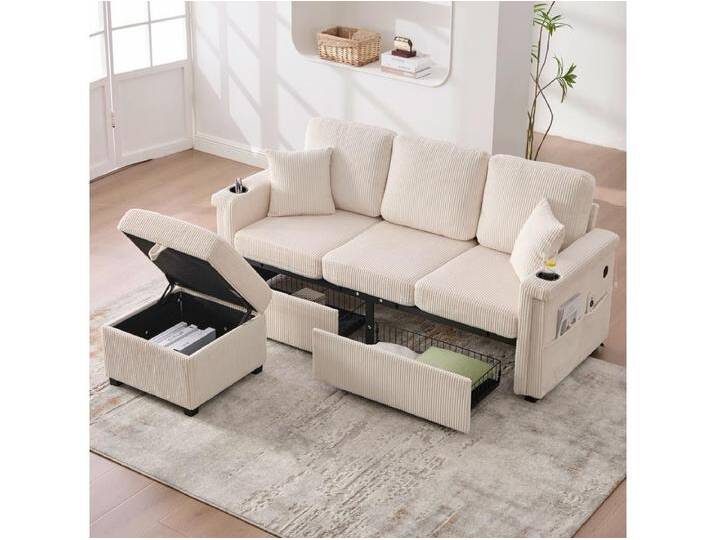 4-Sitzer-Sofa – 194 x 73 x 81 cm – mit LEDs + USB + Fußstütze mit Stauraum + 2 Schubladen – Samt – Beige 4-Sitzer-Sofa – 194 x 73 x 81 cm – mit LEDs + USB + Fußstütze mit Stauraum + 2 Schubladen – Samt – Beige von Kauf-Unique Marketplace