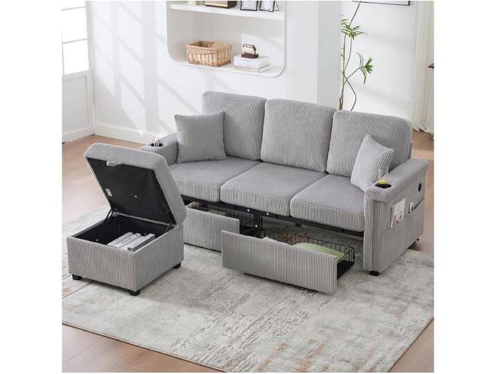 4-Sitzer-Sofa – 194 x 73 x 81 cm – mit LEDs + USB + Fußstütze mit Stauraum + 2 Schubladen – Samt – Hellgrau 4-Sitzer-Sofa – 194 x 73 x 81 cm – mit LEDs + USB + Fußstütze mit Stauraum + 2 Schubladen – Samt – Hellgrau von Kauf-Unique Marketplace
