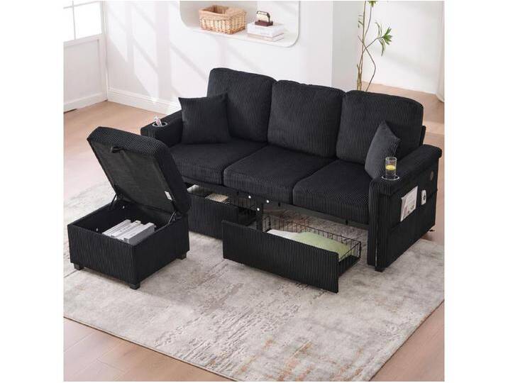 4-Sitzer-Sofa – 194 x 73 x 81 cm – mit LEDs + USB + Fußstütze mit Stauraum + 2 Schubladen – Samt – Schwarz von Kauf-Unique Marketplace