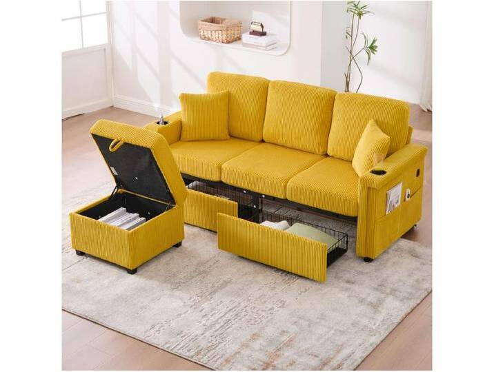 4-Sitzer-Sofa – 194 x 73 x 81 cm – mit LEDs + USB + Fußstütze mit Stauraum + 2 Schubladen – Samt – gelb 4-Sitzer-Sofa – 194 x 73 x 81 cm – mit LEDs + USB + Fußstütze mit Stauraum + 2 Schubladen – Samt – gelb von Kauf-Unique Marketplace