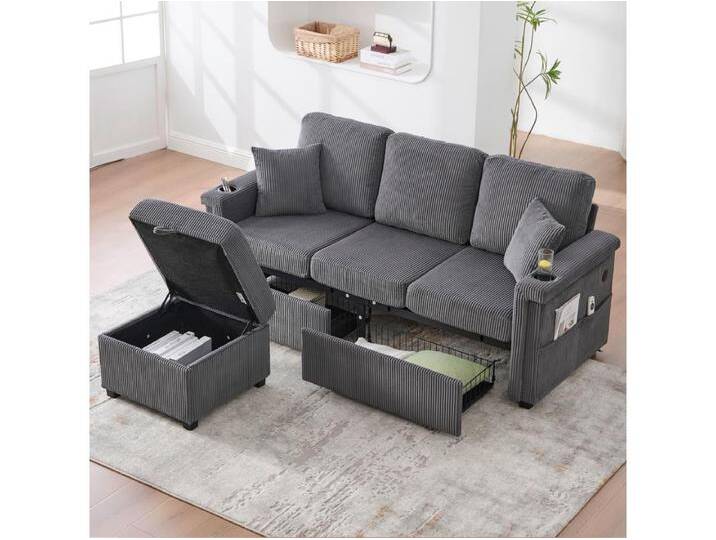 4-Sitzer-Sofa – 194 x 73 x 81 cm – mit LEDs + USB + Fußstütze mit Stauraum + 2 Schubladen – Samt – grau 4-Sitzer-Sofa – 194 x 73 x 81 cm – mit LEDs + USB + Fußstütze mit Stauraum + 2 Schubladen – Samt – grau von Kauf-Unique Marketplace