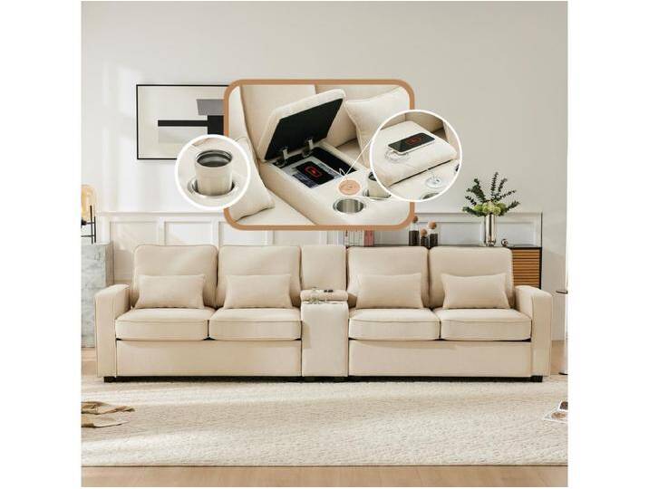 4-Sitzer-Sofa – 290 x 83 x 88 cm – mit 2 Getränkehaltern, 2 USB-Anschlüssen, 2 Taschen und 4 Kissen – Leinenstoff – Beige von Kauf-Unique Marketplace
