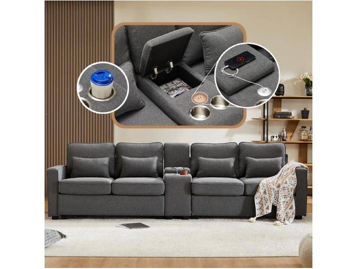 4-Sitzer-Sofa – 290 x 83 x 88 cm – mit 2 Getränkehaltern, 2 USB-Anschlüssen, 2 Taschen und 4 Kissen – Leinenstoff – Dunkelgrau von Kauf-Unique Marketplace