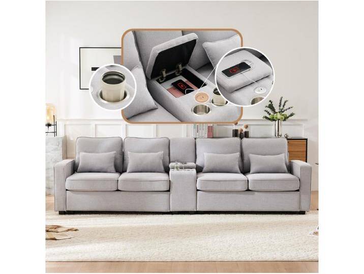 4-Sitzer-Sofa – 290 x 83 x 88 cm – mit 2 Getränkehaltern, 2 USB-Anschlüssen, 2 Taschen und 4 Kissen – Leinenstoff – Grau von Kauf-Unique Marketplace