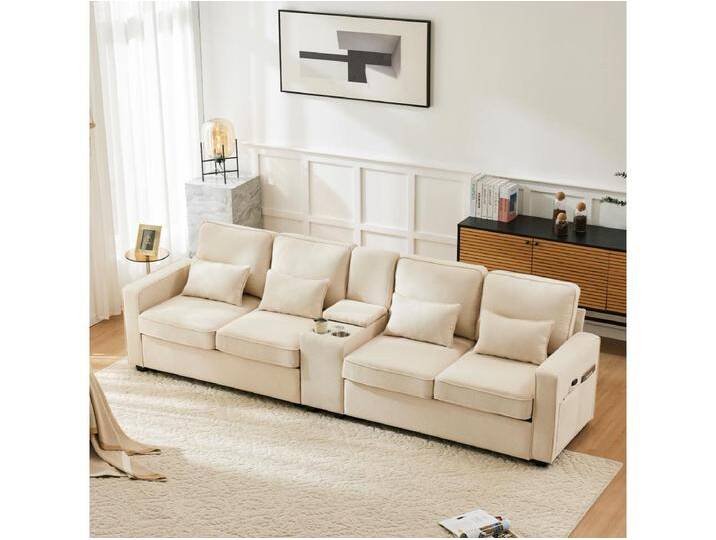 4-Sitzer-Sofa – Sofa mit 2 Getränkehaltern und 2 USB-Ladegeräten – armlehnentaschen und 4 kissen – beiges leinen von Kauf-Unique Marketplace