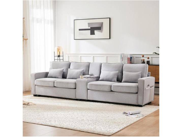 4-Sitzer-Sofa – Sofa mit 2 Getränkehaltern und 2 USB-Ladegeräten – armlehnentaschen und 4 kissen – hellgraues leinen von Kauf-Unique Marketplace