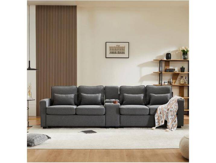 4-Sitzer-Sofa aus Leinenstoff mit Konsole, 2 Getränkehaltern, 2 USB-Anschlüssen, 4 Kissen, 290x83x88cm, dunkelgrau von Kauf-Unique Marketplace