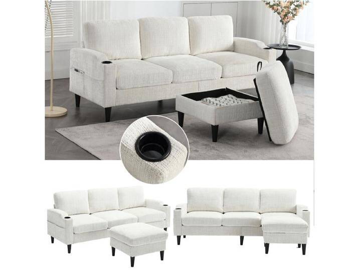 4-Sitzer-Sofa mit Fußhocker – 196,5 x 75 x 77 cm – mit Stauraum + Armlehnen – Samt – Beige von Kauf-Unique Marketplace