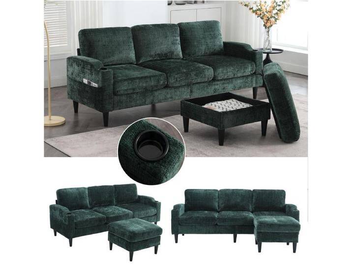 4-Sitzer-Sofa mit Fußhocker – 196,5 x 75 x 77 cm – mit Stauraum + Armlehnen – Samt – Dunkelgrün von Kauf-Unique Marketplace