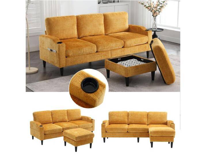 4-Sitzer-Sofa mit Fußhocker – 196,5 x 75 x 77 cm – mit Stauraum + Armlehnen – Samt – Gelb von Kauf-Unique Marketplace