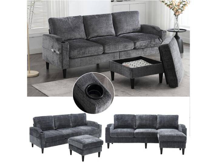 4-Sitzer-Sofa mit Fußhocker – 196,5 x 75 x 77 cm – mit Stauraum + Armlehnen – Samt – Grau von Kauf-Unique Marketplace