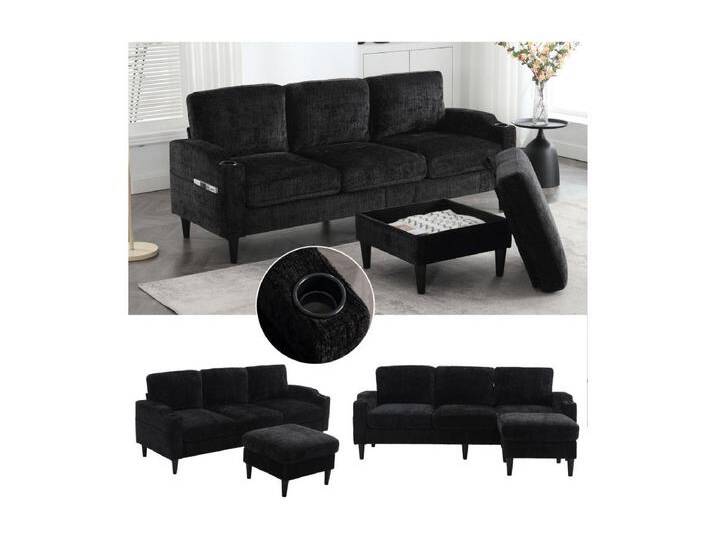 4-Sitzer-Sofa mit Fußhocker – 196,5 x 75 x 77 cm – mit Stauraum + Armlehnen – Samt – Schwarz von Kauf-Unique Marketplace