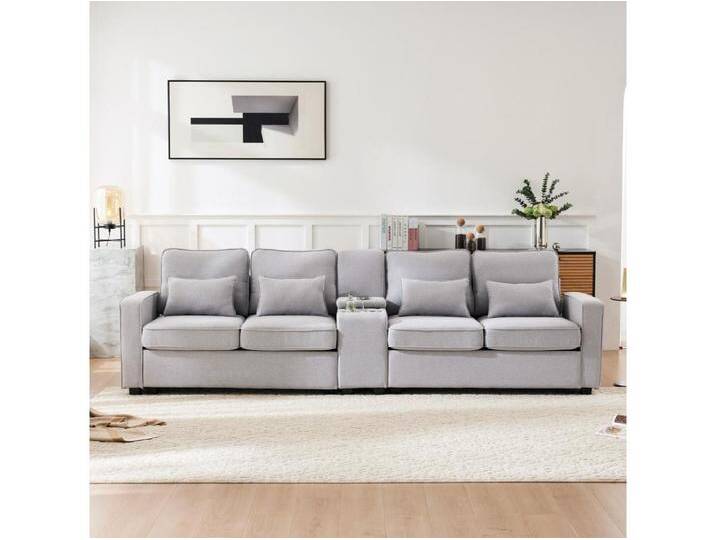 4 -seerer -Sofa im Leinenstoff - mit 4 Kissen 2 USB -Anschlägen und Tassenhalter - Armlehnentaschen - 290 x 83 x 88 cm, grau von Kauf-Unique Marketplace