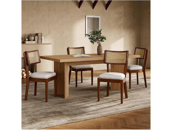 4er-Set Esszimmerstühle aus Massivholz mit Rattan-Rückenlehne - Samtkissen - 50 x 58 x 88 cm - Braun von Kauf-Unique Marketplace